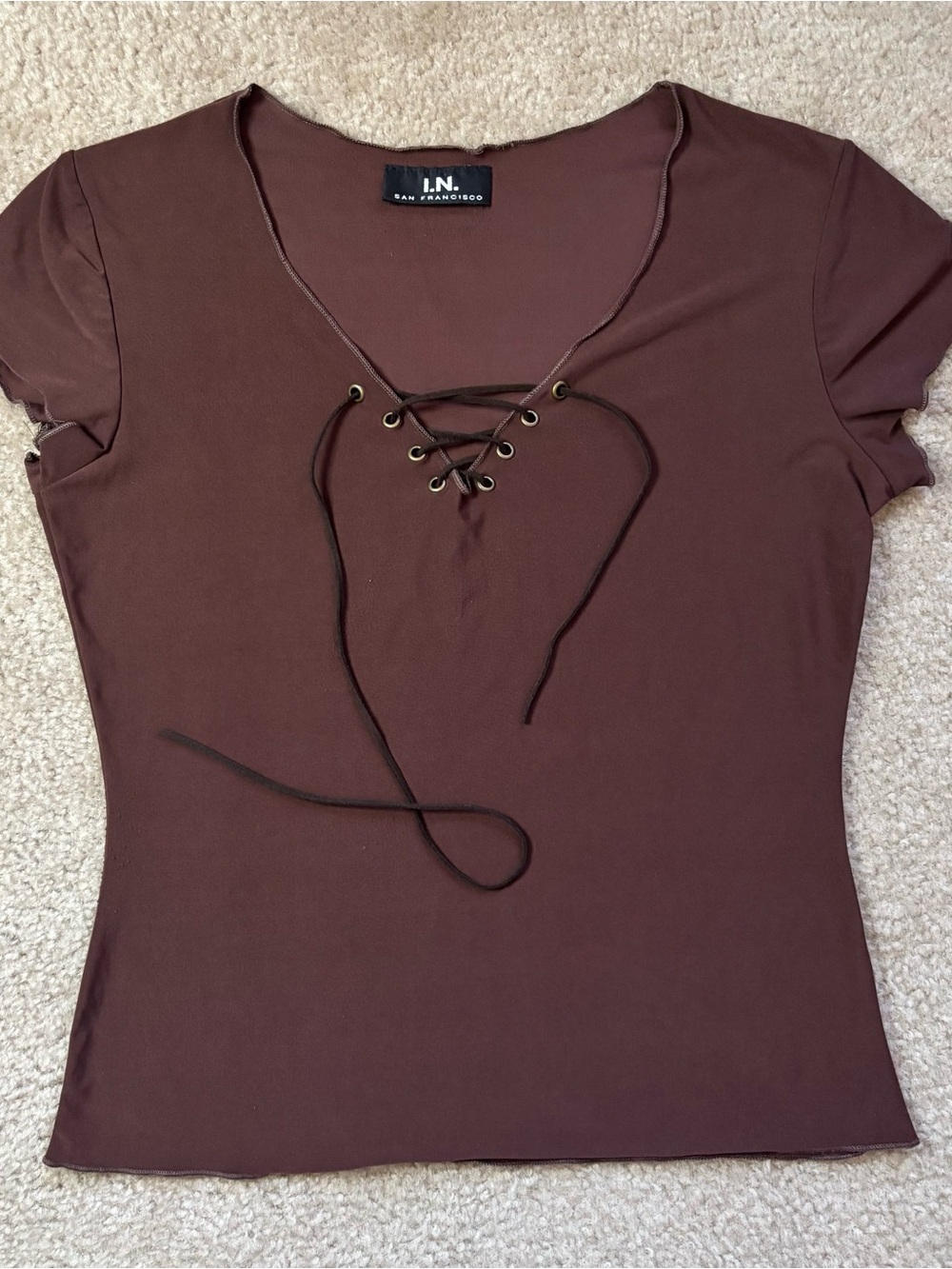 I.N. San Francisco Lace-Up Short Sleeve Tee in Chocolate Brown